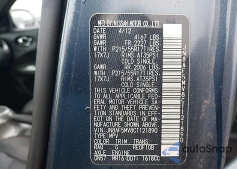 2012 Nissan Juke Sl из США, поврежденный, VIN JN8AF5MV8CT121890